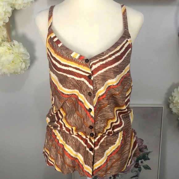 Ella Moss Tops - Ella Moss tribal top yellow,brown,orange,white striped cinched waist. Sz S. EUC